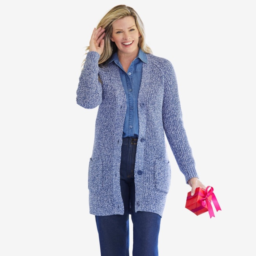 New Without Tags Woman Within Cardigan Sweater 1X Blue Marled